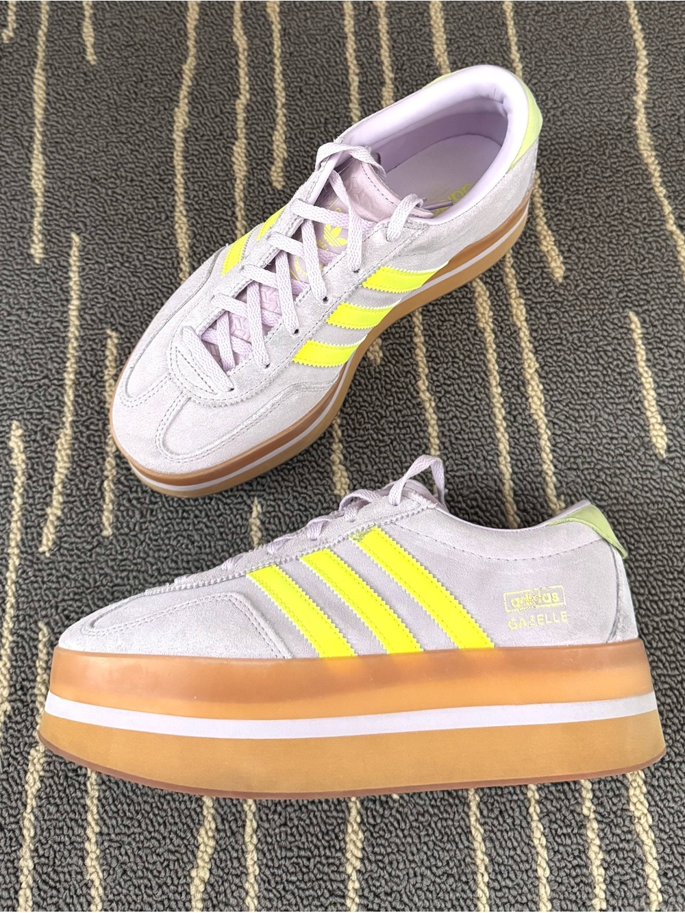 adidas Women's Gazelle Stack Lavender Suede Platform Sneakers with Neon Yellow - Picture 3 of 8